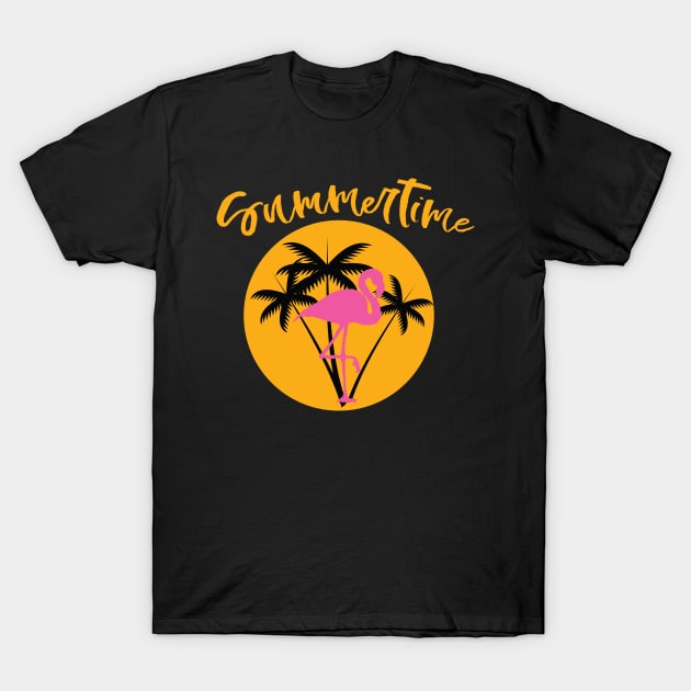 Summertime Flamingo with Palms and Sunset Tee Summer T-shirt for Men Women Kids T-Shirt by XOZ